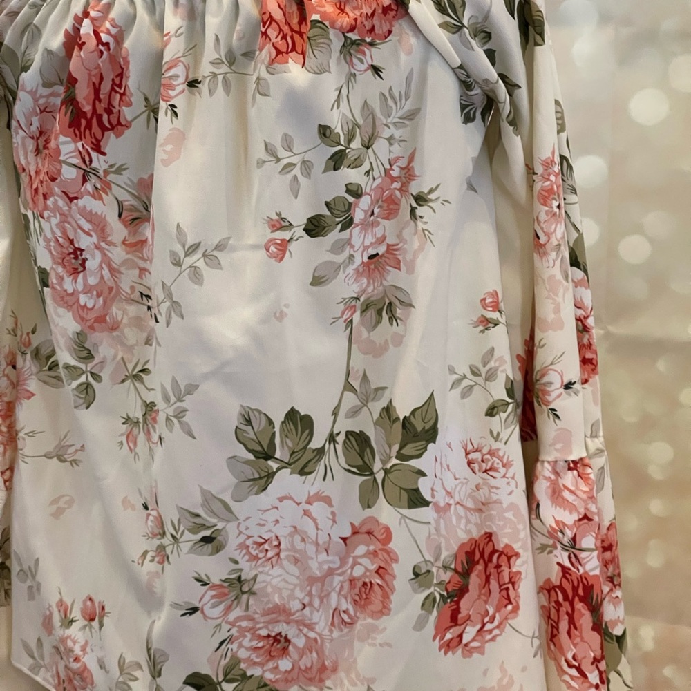 Shein S Off White Floral Blouse Off Shoulder Flowy with Bell Sleeves - Picture 4 of 8